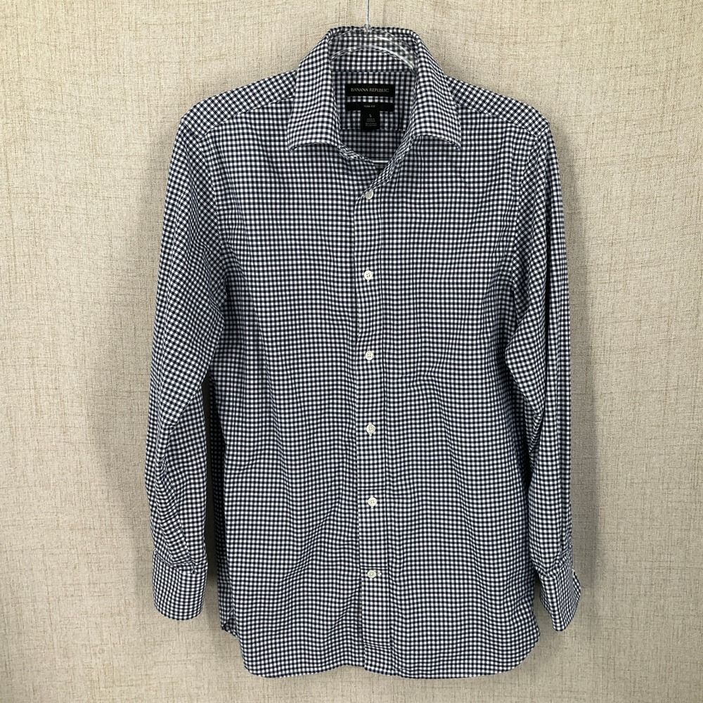 Banana Republic Shirt Mens Small S Navy Blue Cotton Gingham Slim Fit Long Sleeve